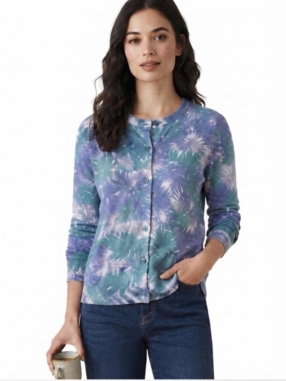 L.L. Bean Purple and Teal Tie-Dye Crewneck Cardigan Size SP